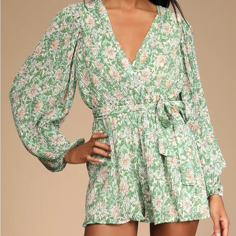 Dancing Blossoms Green Floral Print Pleated Long Sleeve Romper